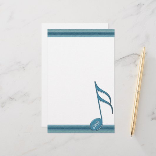 Monogramm-Musiknote und Streifen in Blautönen Briefpapier (Vorderseite/Rückseite Beispiel)
