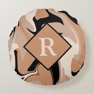 Monogramm Muster aus schwarzem braunem und cremige Rundes Kissen
