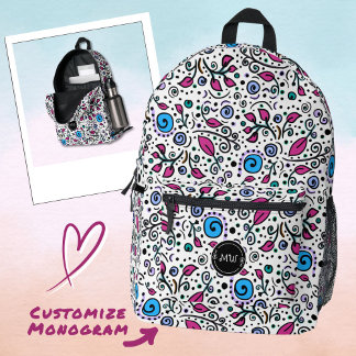 Monogramm Muster Blumen blau Wirbel Beere Weiß - Bedruckter Rucksack