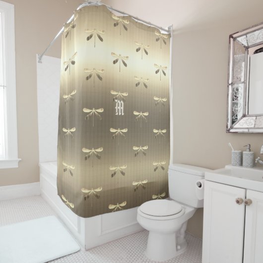 Monogramm-Muster der Golddrachenfliege Duschvorhang (Beispiel)