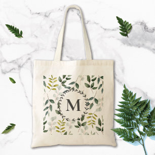 Monogramm Muster mit grünen Blättern im Wasserfarb Tragetasche