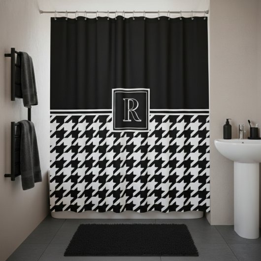 Monogramm-Muster mit Houndstooth Schwarz & Weiß Duschvorhang