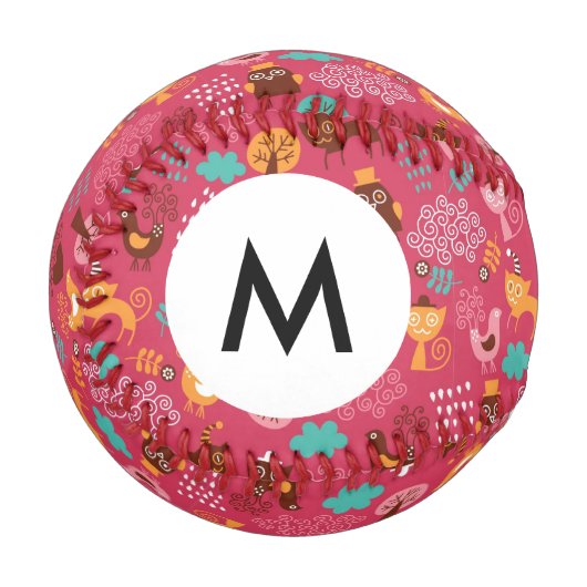 Monogramm Muster mit niedlichen Vögeln und Katzen Baseball (Vorderseite Links)