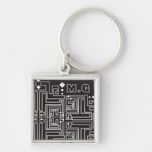 Monogramm Muster Schwarz-Weiß-Labyrinth Schlüsselanhänger (Vorne)
