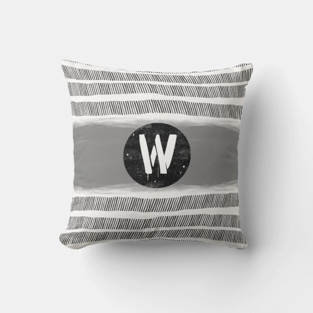 Monogramm-Muster Schwarz-weiß und grau Kissen (Vorderseite)