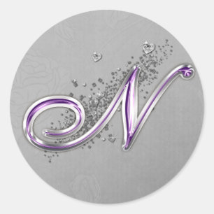 Monogramm-N-Aufkleber für lila Glitzer Runder Aufkleber