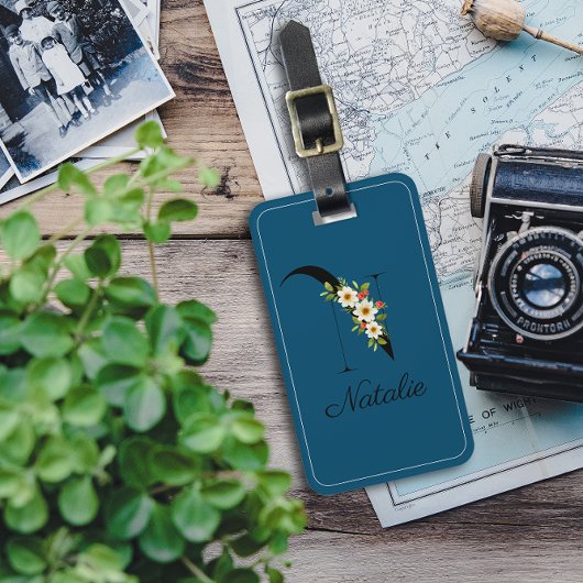 Monogramm N Kobalt Aquarell Blume Gepäckstück Gepäckanhänger