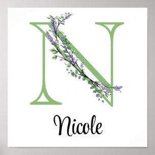 Monogramm N Lavendel-Eukalyptus-Kinderzimmer Poster