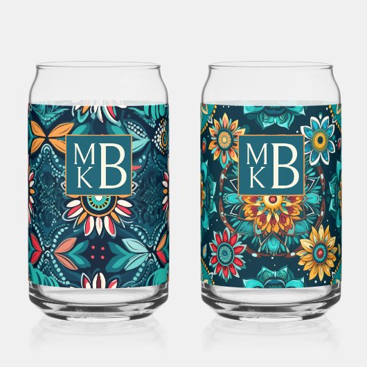 Monogramm nahtloser Boho-Druck farbenfroh Dosenglas (Vorderseite)