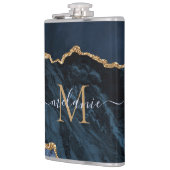 Monogramm Name Achat Navy Blau Gold Edelstein Marm Flachmann (Links)