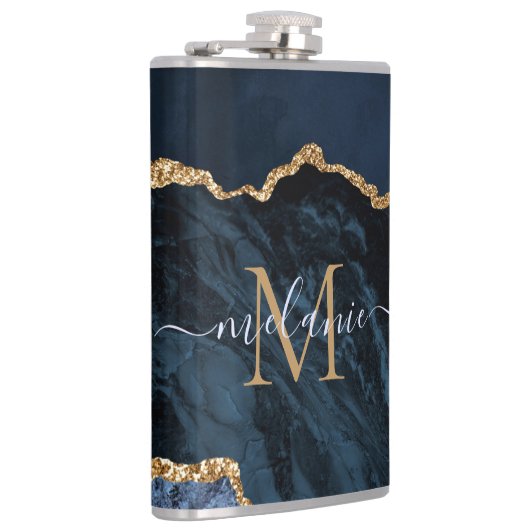 Monogramm Name Achat Navy Blau Gold Edelstein Marm Flachmann (Rechts)