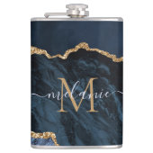 Monogramm Name Achat Navy Blau Gold Edelstein Marm Flachmann (Vorderseite)