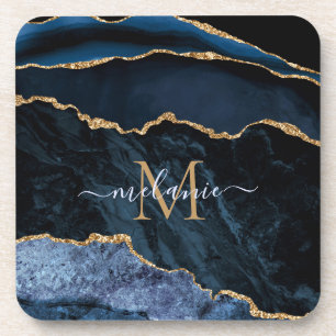 Monogramm Name Achat Navy Blau Gold Edelstein Marm Getränkeuntersetzer