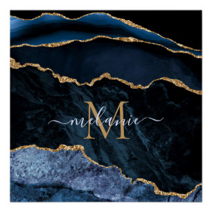 Monogramm Name Achat Navy Blau Gold Edelstein Marm Poster