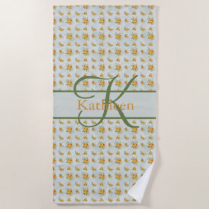 Monogramm Name Anfangsbuchstabe Gelb Grün Floral Strandtuch
