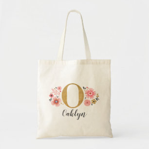 Monogramm Name Anfangsbuchstabe Rosa Gold Blumen Tragetasche