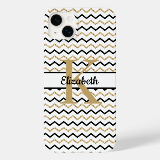 Monogramm Name Anfangsbuchstabe Schwarz Gold Chevr Case-Mate iPhone Hülle (Rückseite)