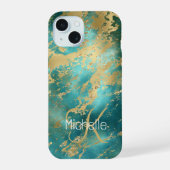 Monogramm Name Anfangsbuchstabe Türkis Grün Gold M iPhone 15 Hülle (Rückseite)