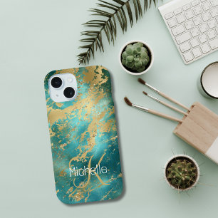 Monogramm Name Anfangsbuchstabe Türkis Grün Gold M iPhone 15 Hülle