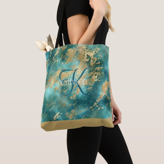 Monogramm Name Anfangsbuchstabe Türkis Grün Gold M Tasche (Von Nahem)