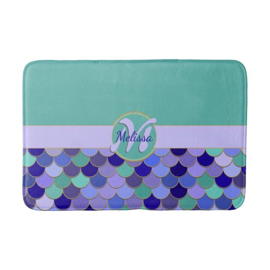 Monogramm + Name | Aqua Aquamarin & Lila Mermaid Badematte (Vorderseite)