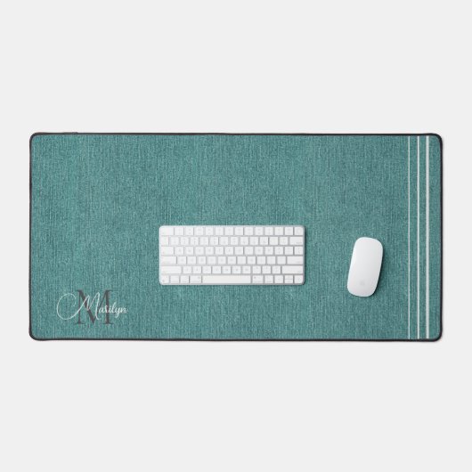 Monogramm Name, Aquamarin Denim Print, Platinum Ak Schreibtischunterlage (Tastatur & Maus)
