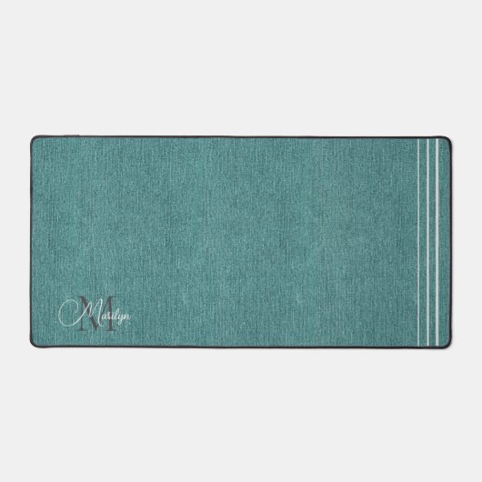 Monogramm Name, Aquamarin Denim Print, Platinum Ak Schreibtischunterlage (Vorderseite)