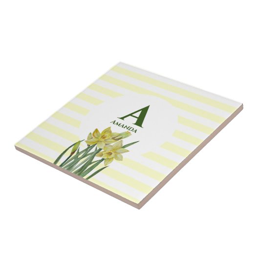 Monogramm Name Aquarellfarbe Gelbe Daffodien Strei Fliese (Seite)