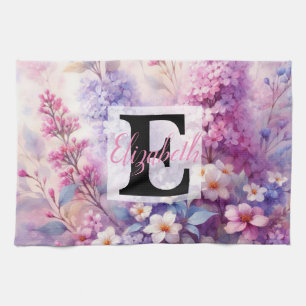 Monogramm-Name auf Aquarell-Blumen in Pastellfarbe Geschirrtuch