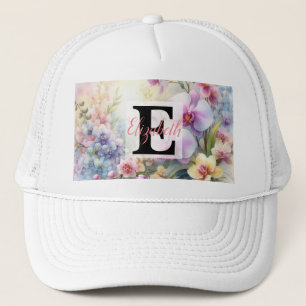 Monogramm-Name auf Aquarell-Blumen in Pastellfarbe Truckerkappe