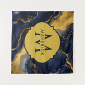 Monogramm-Name auf NavyGold-Abstract Marble FluidA Wandteppich (Vorderseite (Horizontal))