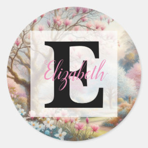 Monogramm-Name auf vintage Aquarell-Blumenpark Runder Aufkleber