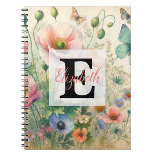 Monogramm-Name auf vintage-Aquarellblumen  Notizblock
