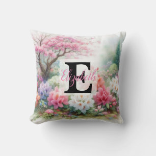Monogramm-Name auf Wasserfarben-Blumen in Pastellf Kissen