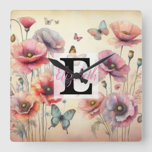 Monogramm-Name auf Wasserfarben-Blumen in Pastellf Quadratische Wanduhr