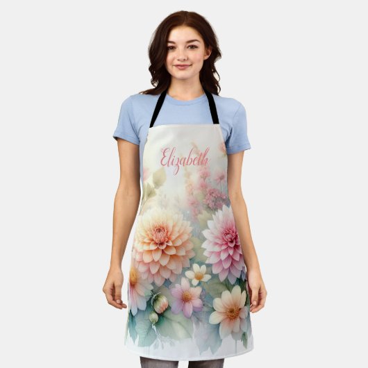 Monogramm-Name auf Wasserfarben-Blumen in Pastellf Schürze (Getragen)