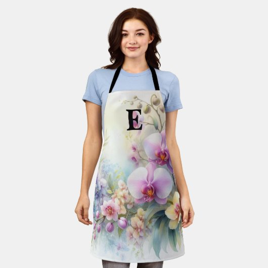Monogramm-Name auf Wasserfarben-Blumen in Pastellf Schürze (Getragen)