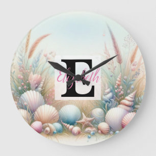 Monogramm-Name auf Wasserfarben-Blumen Meer Musche Große Wanduhr