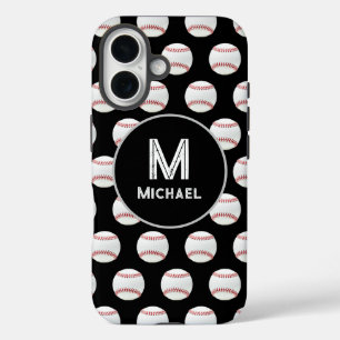 Monogramm Name Baseball Nahtloses Muster Schwarz iPhone 16 Hülle
