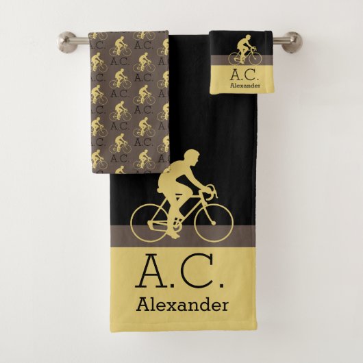 Monogramm Name Bicycle Gold Black Gray | Beige Badhandtuch Set (Insitu)