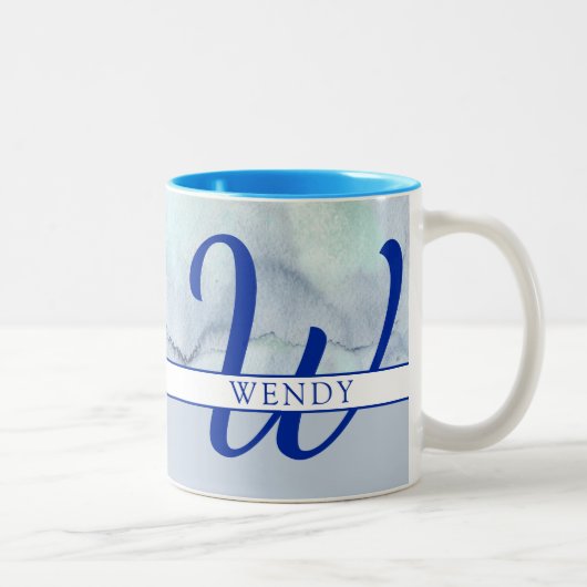 Monogramm Name Blau Farbe Zweifarbige Tasse (Rechts)