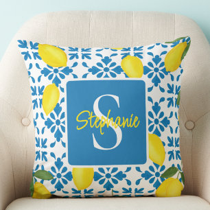 Monogramm Name Blau Französisch Fliese Zitrone Mus Kissen