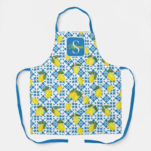 Monogramm-Name Blau Französisch Fliese Zitrone Mus Schürze (Vorderseite)