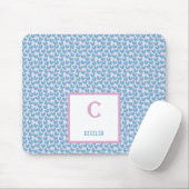 Monogramm Name Blau Herz- und Weißpunktmuster Mousepad (Mit Mouse)