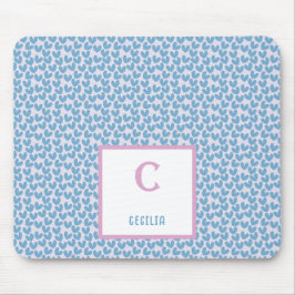 Monogramm Name Blau Herz- und Weißpunktmuster Mousepad