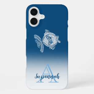 Monogramm Name Blau Ombre Weiß Fisch Umriss iPhone 16 Plus Hülle