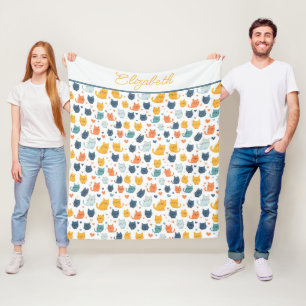 Monogramm Name Blau Orange Gelb Süße Katzen Fleecedecke