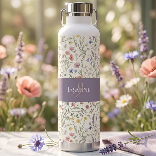 Monogramm Name Blumen Wildblume Boho Lavendel Chic Trinkflasche