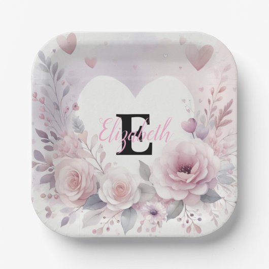 Monogramm Name Blumenherzen romantische Wasserfarb Pappteller (Vorderseite)