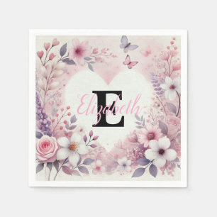 Monogramm-Name Blumenherzen romantische Wasserfarb Serviette